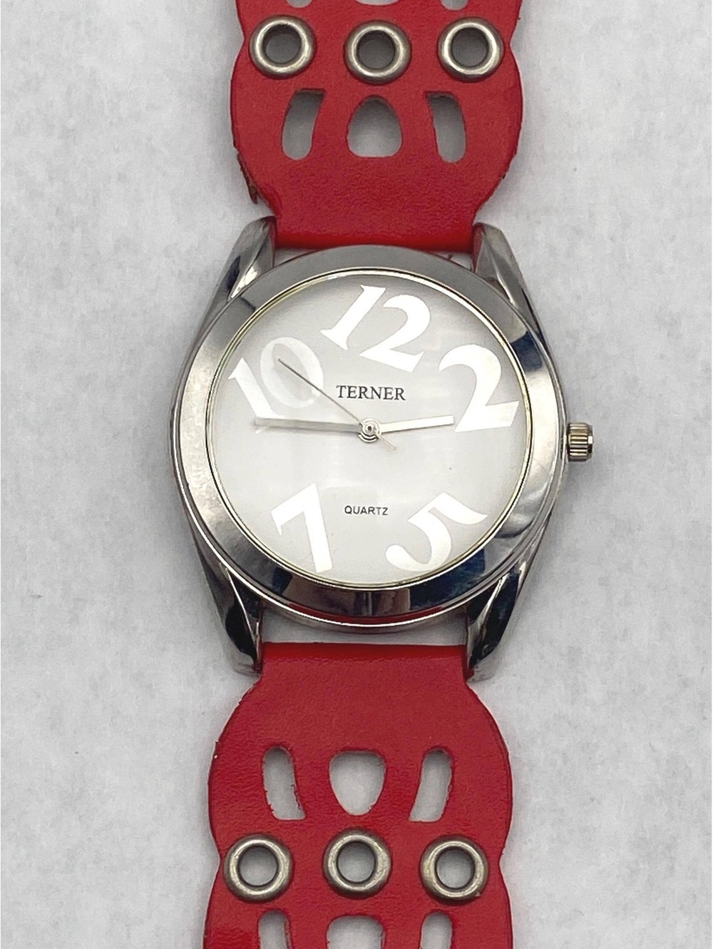 Chunky Vintage Bijoux Terner Silver Tone Round Analog Wrist Watch, Red Band.